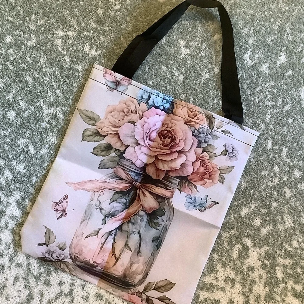 Floral Bouquet Mason Jar Butterflies Shabby Chic Polycanvas Tote Bag NWT 14x16 - Picture 10 of 13